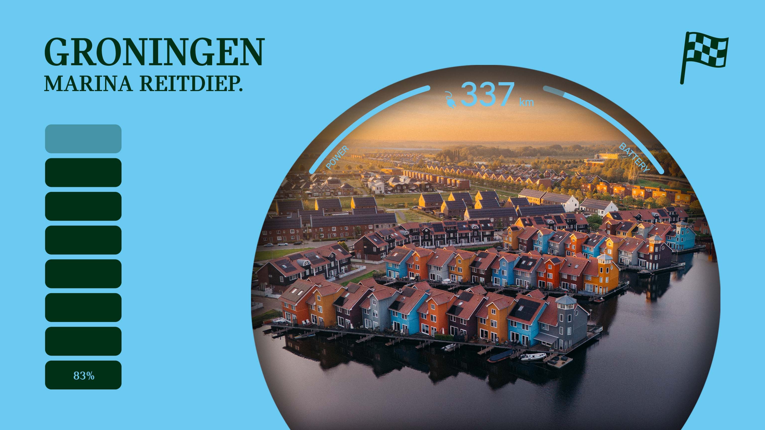 Sweeping view of Groningen’s marina at sunset, where brightly coloured houses stand at the water’s edge.